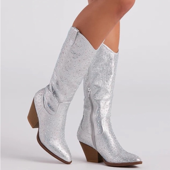 NEW Silver Knee High Western Style Bedazzled Cowboy Boots - Picture 4 of 15